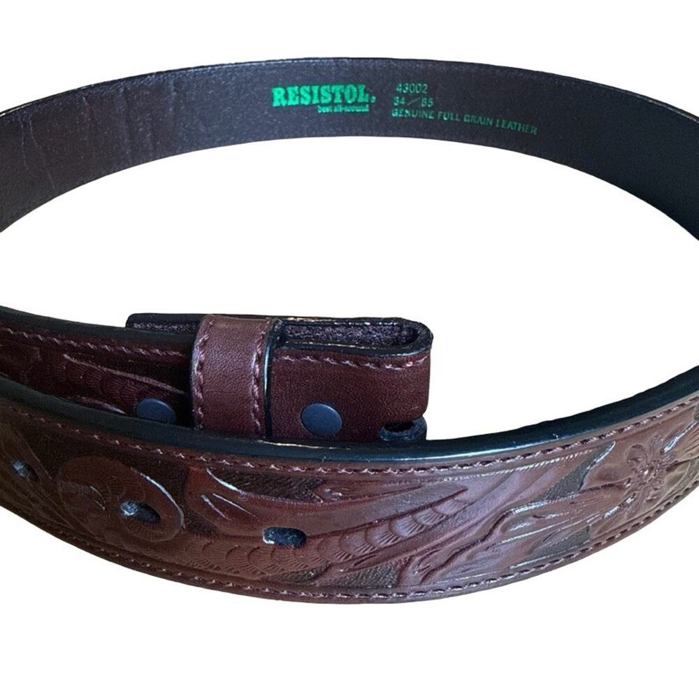 Resistol Full Grain Leather Brown Tooled Belt Strap Western Cowboy 1.5" sz 34